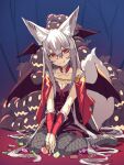  1girl animal_ear_fluff animal_ears bangs bare_shoulders black_wings capelet closed_mouth dress eyebrows_visible_through_hair fang fang_out fishnet_legwear fishnets fox_ears fox_girl fox_tail grey_hair grey_legwear hair_between_eyes head_tilt head_wings highres jack-o&#039;-lantern long_hair looking_at_viewer no_shoes original purple_dress red_capelet sitting sketch smile solo tail very_long_hair wariza wings yuuji_(yukimimi) 