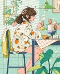  1girl barefoot brown_hair chair closed_eyes cup facing_away facing_to_the_side from_side glasses highres holding holding_cup indoors keishin long_sleeves messy_hair original plant plate potted_plant short_hair sitting solo table 