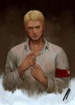  absurdres artist_name beard black_background blonde_hair closed_mouth collared_shirt ekit70 facial_hair highres long_sleeves looking_at_viewer red_armband reiner_braun shingeki_no_kyojin shirt short_hair upper_body white_shirt 