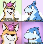  4koma ambiguous_gender anthro base_two_layout blush bodily_fluids canid canine canis cel_shading cetacean comic dialogue dolphin duo english_text extinct for_the_better_right? four_frame_grid four_frame_image grid_layout hair hi_res iruyo_the_dolphin japanese_wolf mammal marine marou meme nakadashimashta oceanic_dolphin purple_eyes purple_hair recently_extinct_species regular_grid_layout shaded simple_background simple_shading smile smirk sweat sweatdrop text toothed_whale two_row_layout wolf 