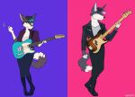  adam_(captyns) anthro boots bottomwear brown_body brown_fur captyns cigarette clothing digital_media_(artwork) duo ear_piercing eyebrows female footwear fur green_eyes grey_body grey_fur guitar guitar_strap highlights_(coloring) holding_cigarette holding_object invalid_tag jacket lex_(captyns) magenta_background male musical_instrument piercing pink_background plucked_string_instrument punk punk_hair purple_background sibling simple_background standing string_instrument studs tomboy topwear twins watermark white_body white_fur 