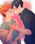  2boys ainudraws black_hair closed_eyes clothes_lift coat french_kiss haikyuu!! highres hinata_shouyou holding jacket kageyama_tobio kiss looking_at_viewer male_focus multiple_boys orange_hair overcoat shirt shirt_lift short_hair simple_background t-shirt yaoi 