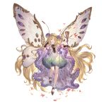  1girl antennae arthropod_girl bangs black_gloves blonde_hair blush breasts bug butterfly butterfly_wings cape double_bun dress eyebrows_visible_through_hair floating floating_hair flower full_body fur_trim gloves granblue_fantasy hair_flower hair_ornament long_hair looking_at_viewer official_art parted_lips petals purple_eyes shoes small_breasts smile solo sylph_(granblue_fantasy) wings 