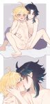  2boys absurdres aether_(genshin_impact) ahoge bangs black_hair blonde_hair blush braid closed_eyes closed_mouth eyebrows_visible_through_hair french_kiss genshin_impact green_hair hair_between_eyes hair_ornament highres holding kiss male_focus masturbation multicolored_hair multiple_boys nipples nude open_mouth parted_bangs penis short_hair short_hair_with_long_locks testicles torisan_(rinlen1827) two-tone_hair xiao_(genshin_impact) yaoi yellow_eyes 