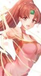 1girl bare_shoulders brown_eyes brown_hair choker circlet collarbone edamameoka eyebrows_visible_through_hair fire_emblem fire_emblem:_mystery_of_the_emblem highres index_finger_raised linde_(fire_emblem) long_hair petals pink_robe pointing pointing_at_viewer ponytail smile solo spell very_long_hair 