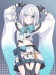  1girl arms_up blue_eyes blush gasima0524 gloves hair_ornament hairclip highres kaga_sumire long_sleeves looking_at_viewer lupinus_virtual_games midriff navel open_mouth ribbon short_hair silver_hair simple_background solo virtual_youtuber vspo! 