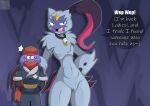  anthro bell breasts clothing collar duo english_text exclamation_point feathers featureless_breasts female fur gloves grey_body grey_fur hair hand_on_hip handwear hat headgear headwear hi_res larger_female male mammal mklancer00 navel nintendo nude open_mouth pok&eacute;mon pok&eacute;mon_(species) purple_body purple_hair red_eyes scarf size_difference smaller_male sneasler text uniform video_games 