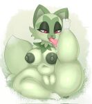  anthro areola belly big_breasts blush bodily_fluids breasts eevilish female genitals green_areola green_body half-closed_eyes hi_res leg_lick licking narrowed_eyes navel nintendo nipples nude personal_grooming pok&eacute;mon pok&eacute;mon_(species) pussy raised_leg red_eyes saliva sitting slightly_chubby solo sprigatito thick_thighs tongue tongue_out video_games 