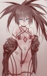  1girl ass_visible_through_thighs black_hair black_jacket black_rock_shooter black_rock_shooter_(character) blue_eyes cameltoe covered_nipples flat_chest jacket lips long_hair navel nurami_(shouji) off_shoulder pale_skin revealing_clothes shiny shiny_hair solo standing thigh_gap twintails uneven_twintails 