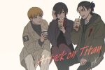 1girl 2boys :d absurdres armin_arlert beige_background black_hair blonde_hair boots brown_legwear casual coffee contemporary copyright_name cup disposable_cup drinking_straw eren_yeager green_jacket grey_eyes grey_jacket hair_between_eyes hand_up highres holding holding_cup hood hoodie invisible_chair jacket knee_boots looking_at_another macaronk mikasa_ackerman multiple_boys pants red_scarf scarf shingeki_no_kyojin short_hair signature simple_background sitting smile 