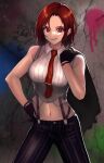  1girl absurdres breasts earrings gloves highres jewelry lipstick looking_at_viewer makeup medium_breasts midriff navel necktie pants parted_lips red_eyes red_hair rokuba short_hair sleeveless smile solo striped striped_pants suspenders the_king_of_fighters vanessa_(kof) 