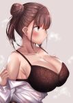  1girl black_bra blush bra breasts brown_hair cleavage clothes_pull collarbone double_bun highres hot idolmaster idolmaster_shiny_colors lace-trimmed_bra lace_trim large_breasts looking_afar profile pulled_by_self shiki_(catbox230123) shirt shirt_pull simple_background solo sonoda_chiyoko steam sweatdrop twintails underwear upper_body white_background white_shirt 