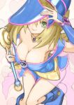  1girl absurdres asagao_21 bangs bare_shoulders blonde_hair blue_footwear blue_headwear blush_stickers breasts cleavage dark_magician_girl downblouse duel_monster green_eyes hand_up hat highres large_breasts long_hair looking_at_viewer off_shoulder pentacle solo tongue tongue_out wand wizard_hat yu-gi-oh! 