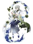  1boy androgynous demon_boy demon_horns food_fantasy full_body grey_eyes highres horns japanese_clothes lingcat looking_at_viewer nori_(food_fantasy) official_art pale_skin second-party_source silver_hair solo 