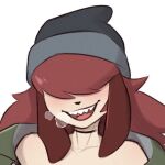  beanie_hat clothing green_clothing green_hoodie green_topwear hair hoodie red_hair sharp_teeth smile steam_breath tan_body teeth topwear 