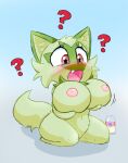  ? anthro areola big_breasts blush bodily_fluids bottle breasts carrudra female green_body hand_on_breast hi_res holding_breast inverted_nipples kneeling looking_down milk nintendo nipples nude open_mouth pink_nipples pok&eacute;mon pok&eacute;mon_(species) puffy_nipples red_eyes solo sprigatito sweat video_games 