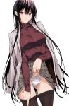  1girl ass_visible_through_thighs bangs black_hair black_legwear breasts clothes_lift clothes_pull grey_jacket groin hair_between_eyes haitekudasai_takamine-san high-waist_skirt hiiragi_yuuichi jacket jacket_on_shoulders large_breasts lifted_by_self long_hair long_sleeves looking_at_viewer o-ring o-ring_bottom o-ring_panties open_clothes open_jacket panties pantyhose pantyhose_pull parted_lips plaid plaid_skirt pulled_by_self shiny shiny_hair simple_background skirt skirt_lift solo striped striped_panties takamine_takane thighs turtleneck underwear 