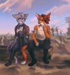  anthro bandage bethesda_softworks blue_(captyns) blurred_background boots bottomwear captyns clothing cloudscape dead_tree depth_of_field domestic_cat duo eye_patch eyewear fallout felid feline felis female footwear fur grey_body grey_fur hair hi_res invalid_tag jacket log mammal markings neckerchief orange_body orange_fur patches_(captyns) plant rock sad shirt short_hair sky stars_and_stripes striped_markings striped_tail stripes tail_markings tank_top tomboy topwear transmission_tower tree united_states_of_america video_games white_body white_fur wood yellow_sclera 