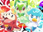  :d blue_eyes bright_pupils brown_eyes closed_mouth commentary_request fangs fuecoco highres leaf no_humans open_mouth pokemon pokemon_(creature) quaxly smile sowao. sprigatito starter_pokemon_trio tongue white_pupils 