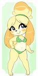  3_fingers 3_toes absurd_res animal_crossing anthro barefoot bikini black_nose breasts canid canine canis cleavage clothed clothing digital_media_(artwork) domestic_dog feet female fingers fur hair hand_on_hip hi_res isabelle_(animal_crossing) looking_up mammal navel nintendo shih_tzu simple_background smile solo standing swimwear thousandarms toes topwear toy_dog video_games yellow_body yellow_fur 