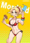  1girl abs bikini blonde_hair bracelet breasts character_name fate/grand_order fate_(series) food green_eyes highres jewelry looking_at_viewer meow_on_road mordred_(fate) mordred_(fate/apocrypha) mordred_(swimsuit_rider)_(fate) ponytail popsicle red_bikini red_scrunchie scrunchie side-tie_bikini small_breasts smile solo swimsuit teeth thighs upper_teeth yellow_background 
