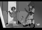  ... 1girl artificial_vagina blush bra breasts commentary_request controller elbow_gloves eyebrows_visible_through_hair garter_belt garter_straps gloves greyscale highres holding holding_controller indoors kneeling long_hair looking_at_another monochrome navel open_mouth original otoko_no_ko penis playstation_controller sashizume_soutarou sex_toy short_hair sliding_doors sweat testicles thighhighs tissue_box underwear walk-in 