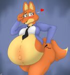  &lt;3 2022 absurd_res anthro belly big_belly blush canid canine claws clothing diane_foxington dreamworks eyewear fangs female fox fur glasses green_eyes hand_on_hip hi_res looking_at_viewer mammal navel necktie orange_body orange_fur outie_navel panties pregnant solo suit the_bad_guys thick_thighs underwear undyingwolf 