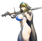  1girl absurdres armor bandaged_arm bandaged_wrist bandages bikini blonde_hair blue_bikini cloak collarbone covered_collarbone covered_nipples eyebrows_visible_through_hair eyes_visible_through_hair gauntlets ghdwid green_eyes grey_cloak hair_between_eyes highres long_hair navel original over_shoulder parted_lips pauldrons shoulder_armor single_pauldron solo swimsuit sword sword_over_shoulder weapon weapon_over_shoulder zweihander 