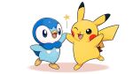  ;d blue_eyes brown_eyes commentary_request holding_hands leg_up no_humans official_art one_eye_closed open_mouth pikachu piplup pokemon pokemon_(creature) project_pochama smile standing standing_on_one_leg star_(symbol) tongue white_background 