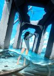  1girl ahoge black_hair blue_sky from_behind highres ocean one-piece_swimsuit original outdoors railroad_tracks ruins scenery sky solo summer swimsuit tank_top tsunoxsekai wading 