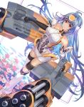  1girl android bare_shoulders blue_hair breasts cleavage closed_mouth commentary_request dual_wielding elbow_gloves forehead_protector gloves highres holding holding_weapon kos-mos long_hair looking_at_viewer medium_breasts ohse red_eyes smile solo thighhighs very_long_hair weapon xenosaga 