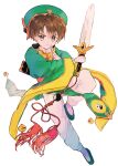  1boy absurdres brown_eyes brown_hair cardcaptor_sakura child chinese_clothes green_headwear hano_luno highres li_xiaolang male_focus pants simple_background solo sword weapon white_background white_pants 