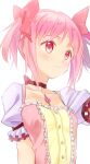  1girl arm_at_side bangs breasts buttons center_frills choker closed_mouth collarbone eyelashes facing_viewer frilled_sleeves frills hair_ribbon homare_(homaredai) kaname_madoka light_blush light_smile looking_afar mahou_shoujo_madoka_magica outstretched_arm parted_bangs pink_eyes pink_hair pink_ribbon puffy_short_sleeves puffy_sleeves red_choker red_ribbon ribbon ribbon_choker short_sleeves short_twintails sidelocks simple_background small_breasts solo soul_gem twintails upper_body white_background 