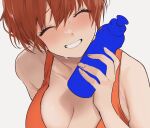  1girl akito_(d30n26) bangs bare_shoulders blush bottle breasts cleavage closed_eyes commentary from_above grin highres holding holding_bottle large_breasts nagi_(akito) orange_hair orange_tank_top original short_hair smile sweat tank_top unfinished water_bottle white_background 