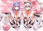  2girls air_mattress animal_ears animal_print asanagi azur_lane bangs bare_shoulders bell bikini blue_hair blunt_bangs blush breasts bridal_gauntlets choker cleavage closed_mouth collarbone commentary_request covered_nipples cow_ears cow_horns cow_print cow_tail cowbell crossed_bangs dido_(azur_lane) ear_tag eyebrows_visible_through_hair fake_animal_ears fake_horns from_above full_body hair_between_eyes heart highres hitachi_magic_wand horns huge_breasts lips long_hair looking_at_viewer medium_hair multiple_girls parted_lips pink_eyes print_bikini print_legwear red_eyes sex_toy shadow sirius_(azur_lane) sitting smile swimsuit tail tareme thick_thighs thighhighs thighs tile_floor tiles tsurime vibrator wariza white_bikini white_hair white_legwear 