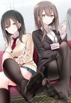  2girls @_@ bangs black_hair blue_skirt blush brown_hair business_suit cardigan collared_shirt commentary_request crossed_legs feet fine_fabric_emphasis foot_out_of_frame foreshortening formal green_eyes hair_between_eyes hand_on_lap hand_up highres indoors jk-chan_(oouso) kneehighs lanyard long_sleeves looking_at_viewer looking_down miniskirt multiple_girls necktie no_shoes office_lady ol-chan_(oouso) oouso original pantyhose parted_lips pencil_skirt pleated_skirt red_necktie school_uniform seat shadow shiny shiny_clothes shiny_hair shirt sidelocks sitting skirt skirt_suit smile suit thighs toes train_interior translation_request v 