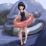  1girl bare_shoulders barefoot black_hair black_swimsuit blurry blurry_background breasts brown_eyes commentary_request full_body highres innertube mecha new_school_swimsuit original robot rohitsuka school_swimsuit short_hair small_breasts solo standing swimsuit zoom_layer 