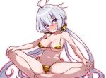  1girl ahoge animal_print arms_on_knees bangs bare_legs bare_shoulders barefoot bikini blush breasts chinese_zodiac collarbone covered_nipples crossed_legs eyebrows_visible_through_hair groin highres large_breasts light_purple_hair long_hair looking_at_viewer low_twintails micro_bikini midriff missile_(pixiv) navel parted_lips partially_visible_vulva purple_eyes purple_hair scrunchie senki_zesshou_symphogear shiny shiny_skin side-tie_bikini simple_background sitting skindentation solo stomach string_bikini sweat swimsuit tiger_print twintails white_background year_of_the_tiger yukine_chris 