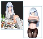  1girl alcohol alternate_costume arm_behind_back bangs black_background black_bra black_legwear black_panties blue_border blue_hair blush border bottle bow bow_bra bra breasts cardigan clothes_lift eyebrows_visible_through_hair feet_out_of_frame food girls&#039;_frontline green_eyes grey_shirt hair_ornament hairclip hand_in_hair hand_on_own_cheek hand_on_own_face highres hk416_(girls&#039;_frontline) long_hair looking_at_viewer medium_breasts navel open_cardigan open_clothes open_mouth paaam panties panties_under_pantyhose pantyhose red_bow shirt shirt_lift sitting solo standing table teardrop_facial_mark teardrop_tattoo underwear white_background white_cardigan 