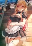  1girl absurdres apron black_cat blonde_hair breasts brick_wall cat cleavage closed_mouth commentary_request garter_straps highres kitagawa_marin large_breasts looking_at_viewer maid maid_apron maid_headdress nail_polish outdoors red_eyes smile solar_(happymonk) sono_bisque_doll_wa_koi_wo_suru thighhighs thighs v white_legwear 