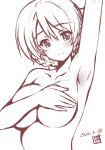 1girl areolae arm_up armpits bangs blush braid breasts covering covering_breasts darjeeling_(girls_und_panzer) dated eyebrows_visible_through_hair french_braid girls_und_panzer kamogawa_tanuki large_breasts looking_at_viewer monochrome signature smile solo upper_body 