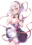  1girl absurdres apron azur_lane black_dress black_hairband blush bob_cut breasts classic_(zildjian33) cleavage dress eyebrows_visible_through_hair framed_breasts frilled_apron frills hairband highres large_breasts maid open_mouth pink_eyes puffy_short_sleeves puffy_sleeves red_ribbon ribbon short_sleeves simple_background sirius_(azur_lane) solo thighhighs waist_apron white_apron white_background white_hair white_legwear zettai_ryouiki 