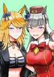  2girls :d absurdres animal_ears bandeau bangs bare_shoulders black_choker black_jacket blonde_hair blue_bow blue_eyes bow bowtie breasts brown_headwear choker cleavage commentary_request ear_bow earmuffs eyebrows_visible_through_hair gloves gold_city_(umamusume) gold_ship_(umamusume) green_background highres horse_ears jacket large_breasts long_hair long_sleeves looking_at_viewer midriff multiple_girls open_clothes open_jacket purple_bow purple_eyes red_bow red_bowtie red_shirt sakamoto_shindobaddo shirt silver_hair simple_background sleeveless sleeveless_shirt smile stomach strapless striped_bandeau tube_top umamusume upper_body white_gloves 