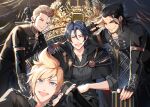  4boys beard black_hair blonde_hair blue_eyes brown_hair closed_eyes facial_hair final_fantasy final_fantasy_xv fingerless_gloves gladiolus_amicitia gloves goatee hinoe_(dd_works) ignis_scientia kingsglaive_garb multiple_boys noctis_lucis_caelum open_mouth pompadour prompto_argentum scar smile spiked_hair throne 