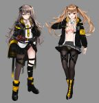  2girls bangs black_footwear black_jacket black_legwear black_panties black_skirt blush boots breasts brown_eyes brown_hair closed_mouth clothes_lift eyebrows_visible_through_hair full_body girls&#039;_frontline grey_background grey_skirt hair_ornament hairclip hand_on_own_chest highres jacket long_hair looking_at_viewer mechanical_arms medium_breasts multiple_girls necktie one_eye_closed open_clothes open_jacket open_mouth open_shirt paaam panties panties_under_pantyhose pantyhose scar scar_across_eye shirt side_ponytail single_mechanical_arm single_thighhigh skirt skirt_lift small_breasts smile standing thighhighs twintails ump45_(girls&#039;_frontline) ump9_(girls&#039;_frontline) underwear white_shirt yellow_necktie yellow_panties 