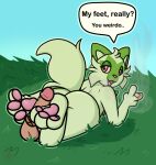  3_toes ambiguous_gender anthro balls bedroom_eyes big_butt butt cat_smile cel_shading cheek_tuft degradation dialogue dialogue_box disembodied_penis drugs eyelashes eyelids facial_tuft fangs feet felid field fluffy fluffy_tail foot_fetish foot_focus foot_play footjob fur genitals grass green_body green_fur hair head_tuft hi_res highlights_(coloring) hindpaw legs_up lying male mammal marijuana narrowed_eyes nintendo on_front onlypaws pawpads paws penis pink_pawpads plant pok&eacute;mon pok&eacute;mon_(species) poking presenting raised_hand raised_tail red_eyes seductive sex shaded simple_background small_nose smoke smoke_from_mouth solo solo_focus speech_bubble spread_toes sprigatito stoned substance_intoxication teeth text thick_tail thick_thighs toe_curl toes tuft video_games wide_hips wrinkled_feet 