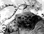  1boy battle_tendency caesar_anthonio_zeppeli covered_mouth facial_mark feather_hair_ornament feathers greyscale hair_ornament halftone hatching_(texture) headband jojo_no_kimyou_na_bouken looking_back male_focus monochrome nitako outdoors scarf short_hair sideways_glance snowing solo tree upper_body 