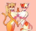  absurd_res anthro big_breasts blush breast_squish breasts collar cute_fangs demenmenabung domestic_cat duo embarrassed fangs felid feline felis female female/female genitals hair hand_holding happy hi_res looking_at_viewer mammal nipples nude ponytail pussy shy squish super_animal_royale 