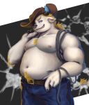  2022 absurd_res anthro babe_bunyan belly bottomwear bovid bovine bulge cattle clothing cowboy cowboy_hat guadr hat headgear headwear hi_res humanoid_hands lifewonders male mammal moobs navel nipples overweight overweight_male pants solo tokyo_afterschool_summoners video_games white_body 