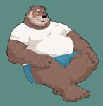  2022 anthro beard belly black_nose blush brown_body bulge clothing facial_hair humanoid_hands jumperbear kemono male mammal mature_male mustache overweight overweight_male shirt simple_background sitting solo topwear underwear ursid 